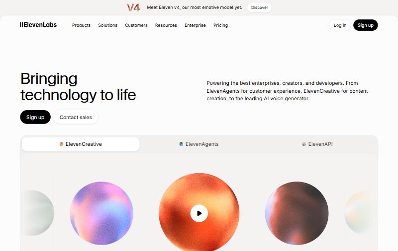 ElevenLabs homepage, captured October 15, 2026. The product lines a funnel uses are text to speech, dubbing and voice agents.