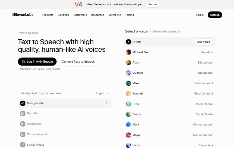 ElevenLabs text to speech page, captured October 15, 2026. One character of script costs one credit on every plan.