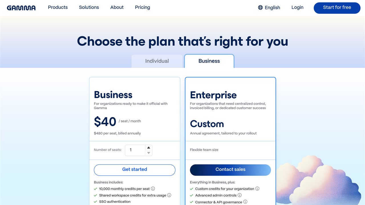 The Business tab: $40 per seat per month, $480 per seat billed annually, beside a Custom Enterprise card. Source: gamma.app/pricing, captured October 28, 2026.