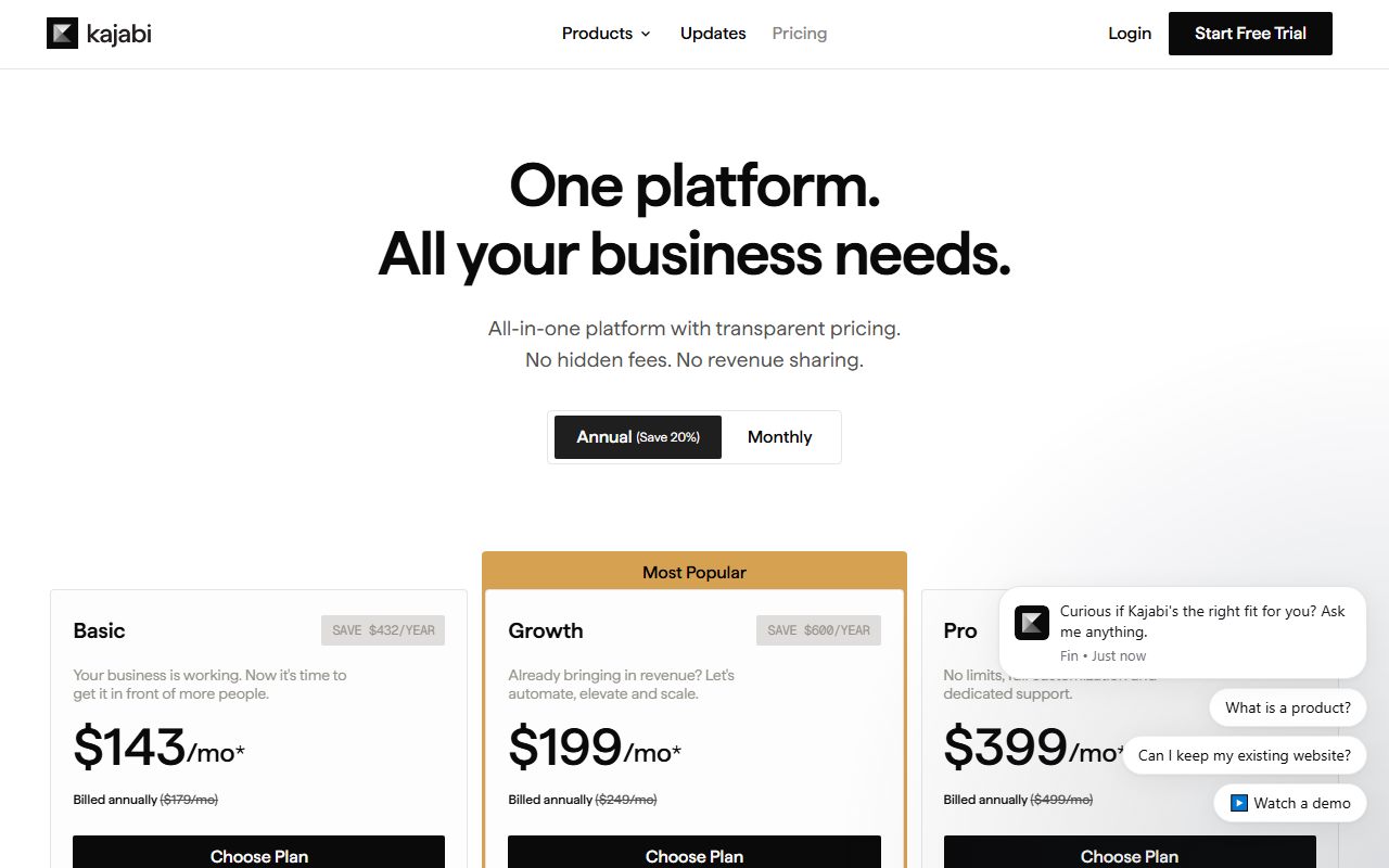 Kajabi pricing (plan cards and "Compare every feature" table), captured October 27, 2026. Figures change; the live page is the source of truth.