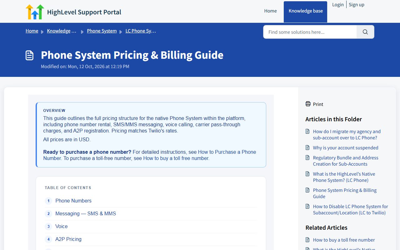 HighLevel support: LC Phone pricing and billing guide, captured October 22, 2026. Figures change; the live page is the source of truth.