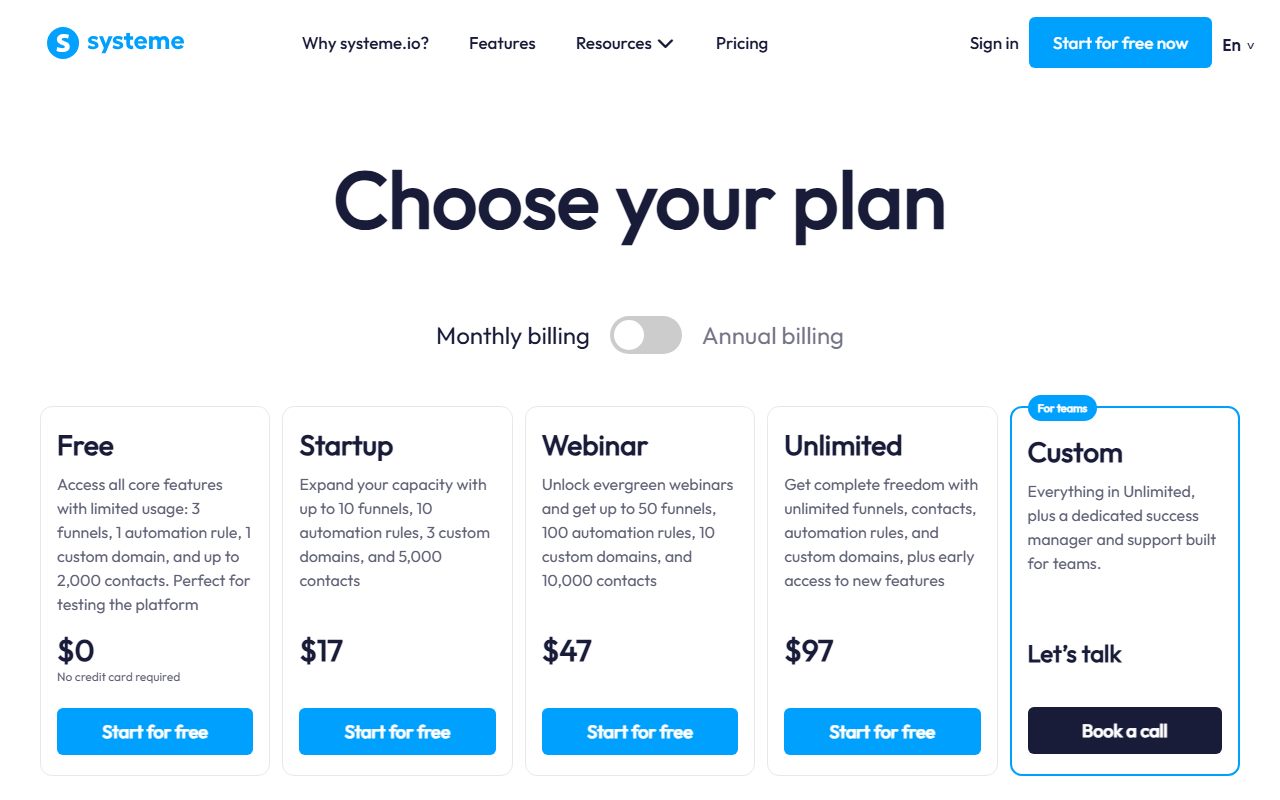 systeme.io pricing, captured October 9, 2026. Figures change; the live page is the source of truth.