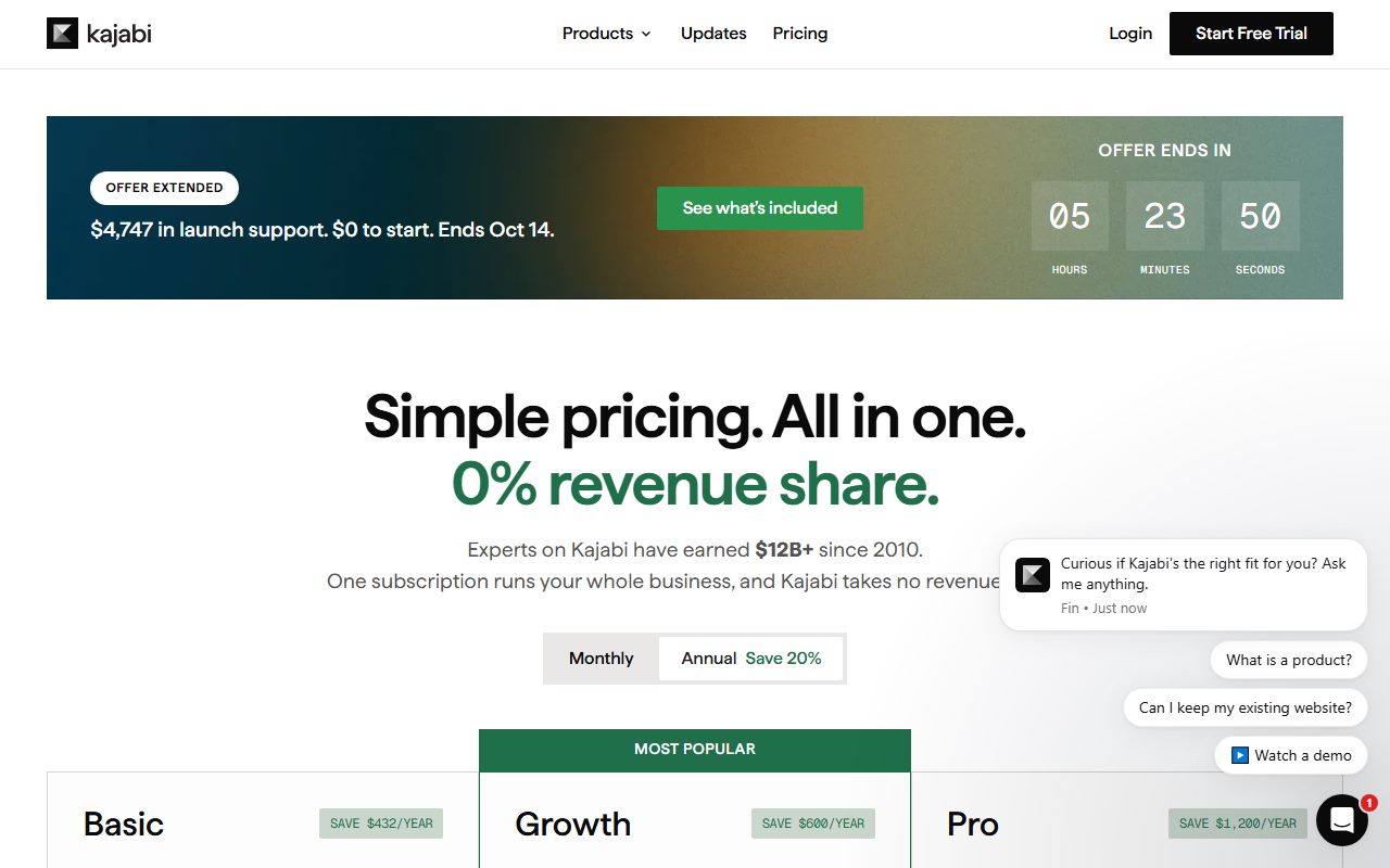 Kajabi pricing (three tiers, contacts, products, Kajabi Payments rates), captured October 15, 2026. Figures change; the live page is the source of truth.