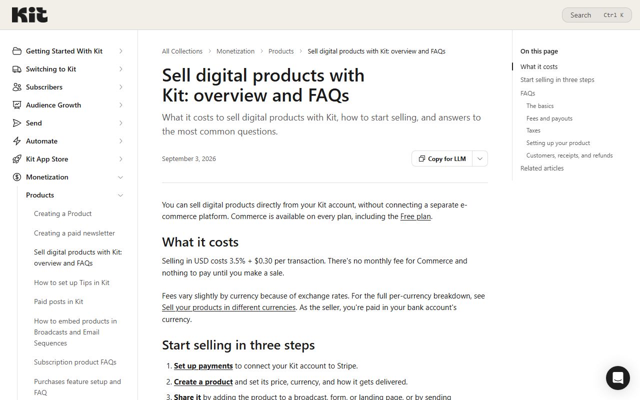 Kit help centre: Sell digital products with Kit, overview and FAQs, captured October 21, 2026. Figures change; the live page is the source of truth.