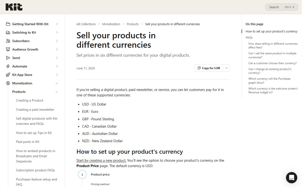 Kit help centre: Sell your products in different currencies, captured October 21, 2026. Figures change; the live page is the source of truth.