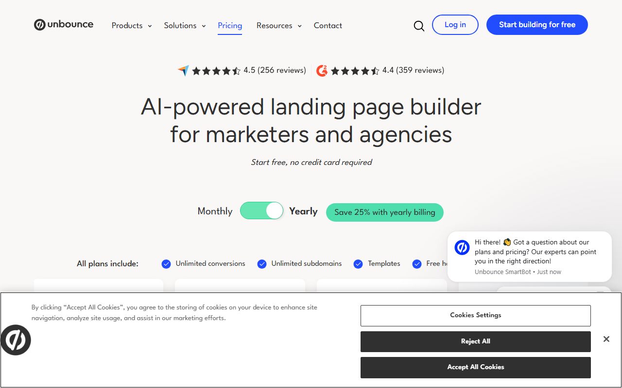 Unbounce pricing (Starter at $29, 5 pages, up to 500 traffic volume, 14-day trial), captured October 24, 2026. Figures change; the live page is the source of truth.