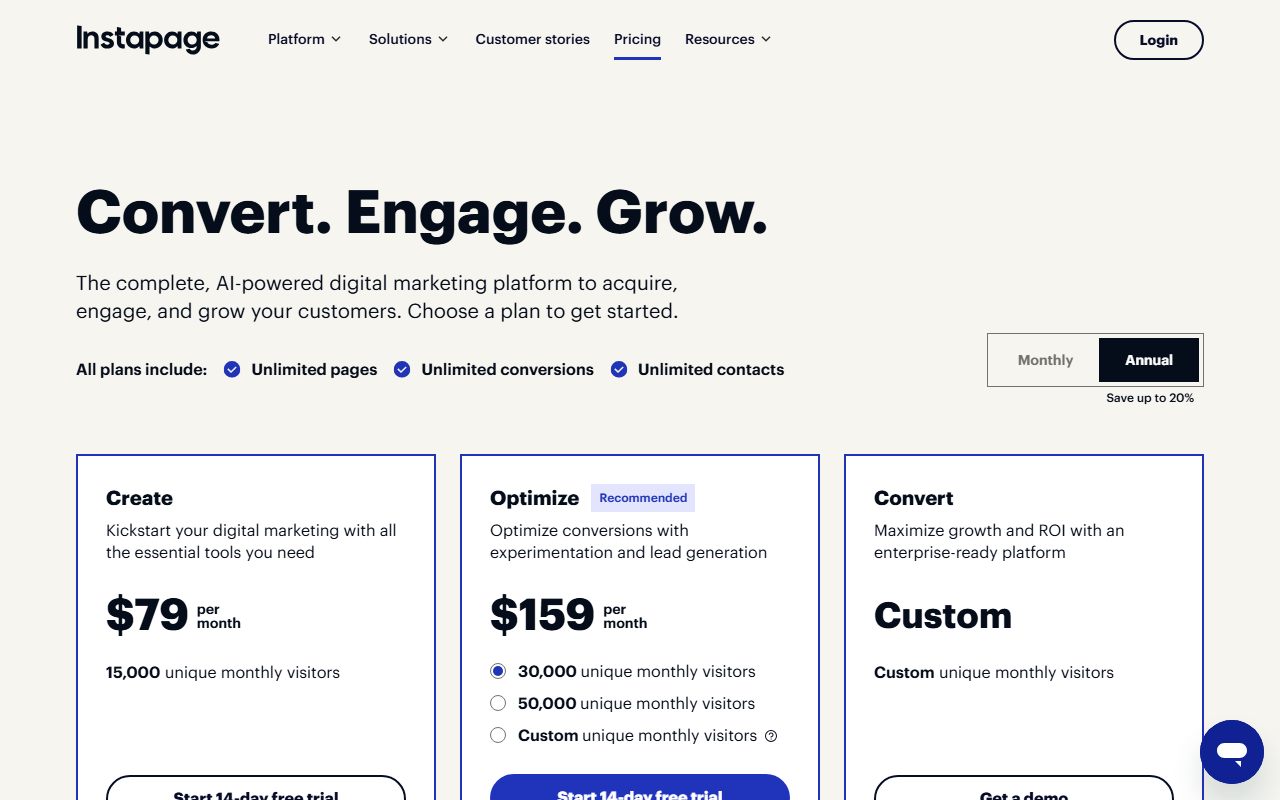 Instapage plans (Create and Optimize visitor limits, workspaces, API calls, trial), captured October 24, 2026. Figures change; the live page is the source of truth.
