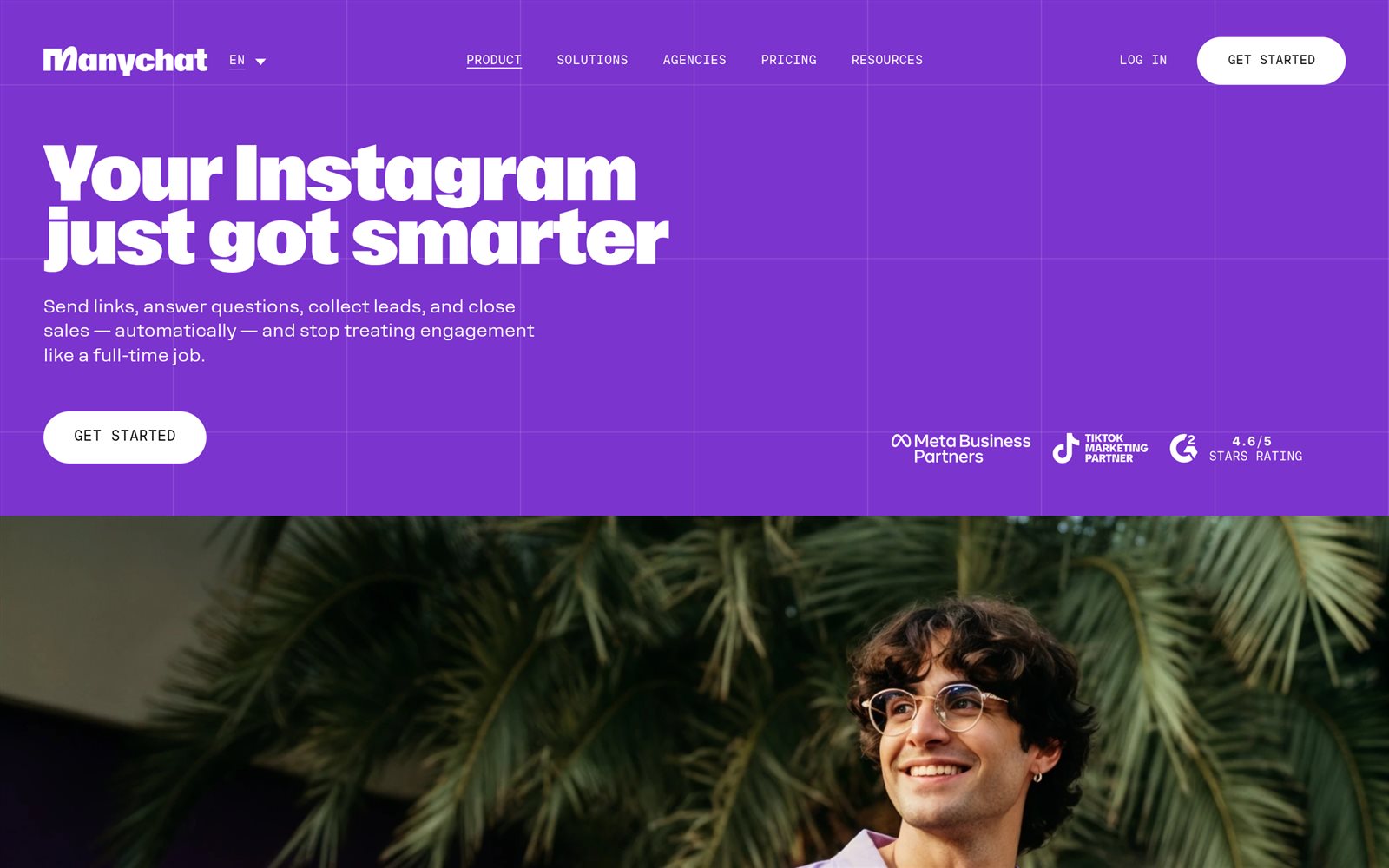 The Instagram product page, carrying the same Meta Business Partners, TikTok Marketing Partner and G2 4.6/5 badges as the homepage. Source: manychat.com/product/instagram, captured October 21, 2026.