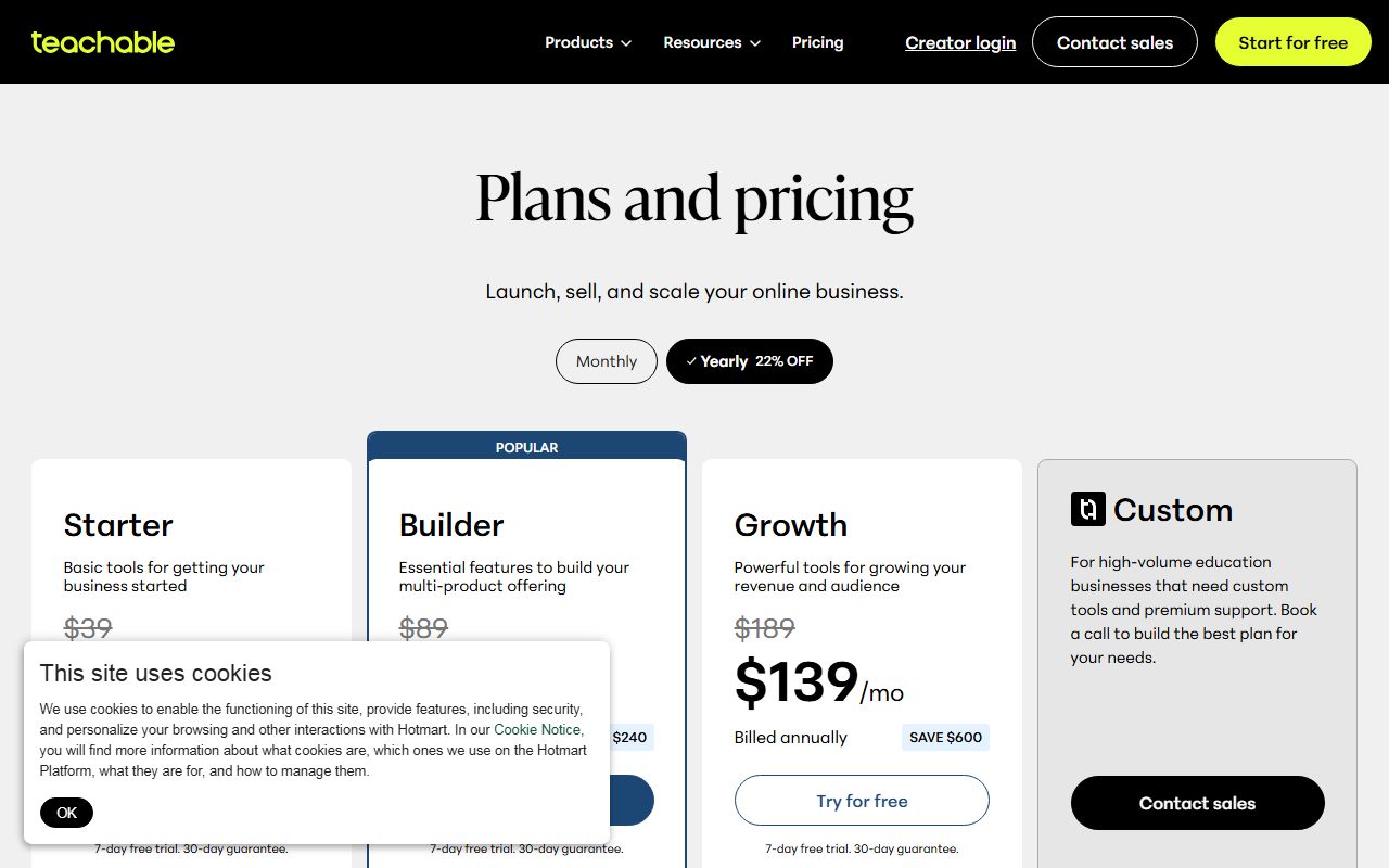 Teachable pricing (plan prices, 7.5% Starter transaction fee, products, admin users, processing fees, annual savings), captured October 16, 2026. Figures change; the live page is the source of truth.