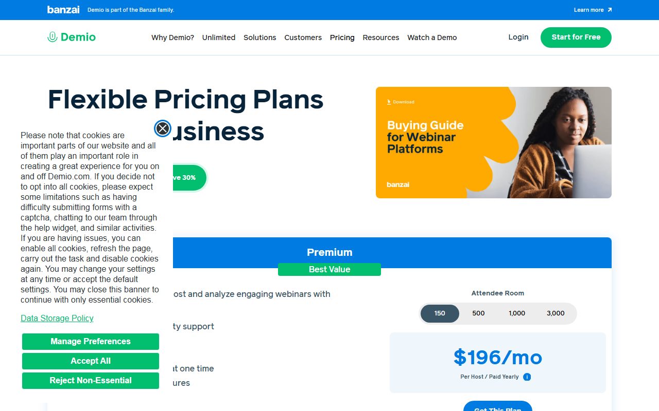 Demio pricing (plan cards and feature comparison), captured October 28, 2026. Figures change; the live page is the source of truth.
