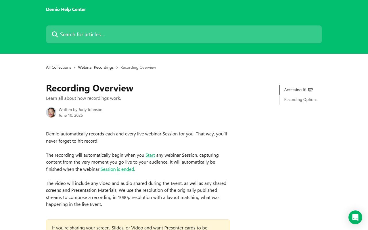 Demio help centre: Recording Overview, captured October 28, 2026. Figures change; the live page is the source of truth.